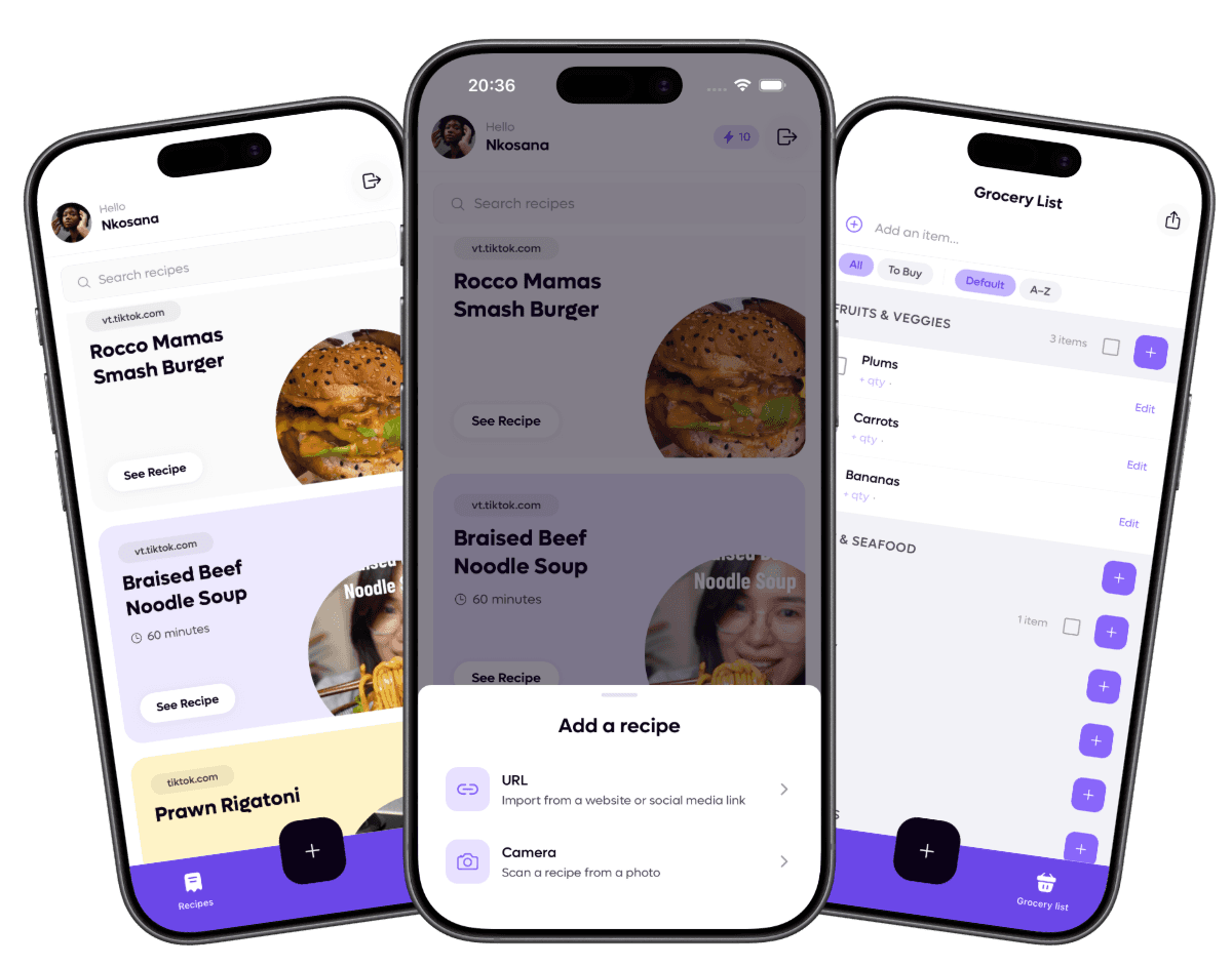lulaChef app showing recipe collection, recipe detail, and grocery list screens